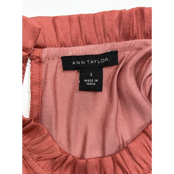 Ann Taylor Blouse Top Shirt Small High Ruffle Neck Sleeveless Smocked Waist Rust - Picture 4 of 7